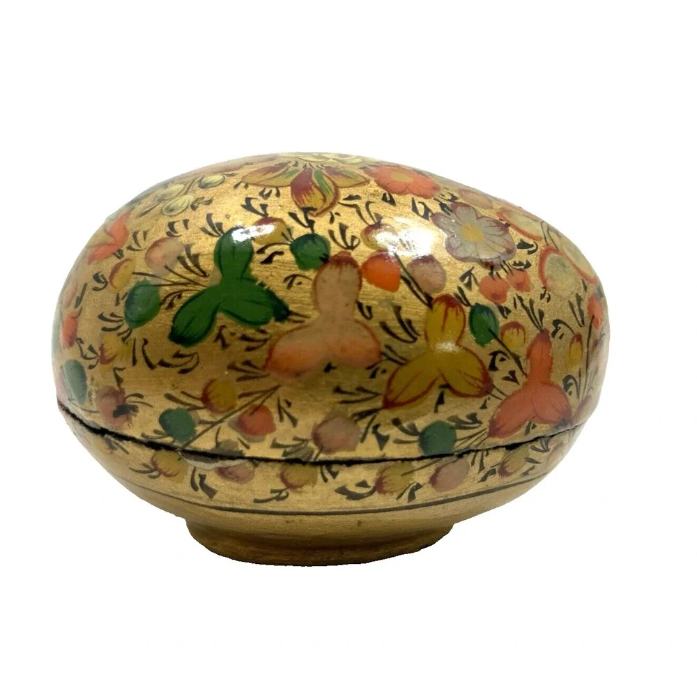 Vintage Hand Painted Lacquer Trinket Box‎ Gold Metallic Floral Egg Shape Easter